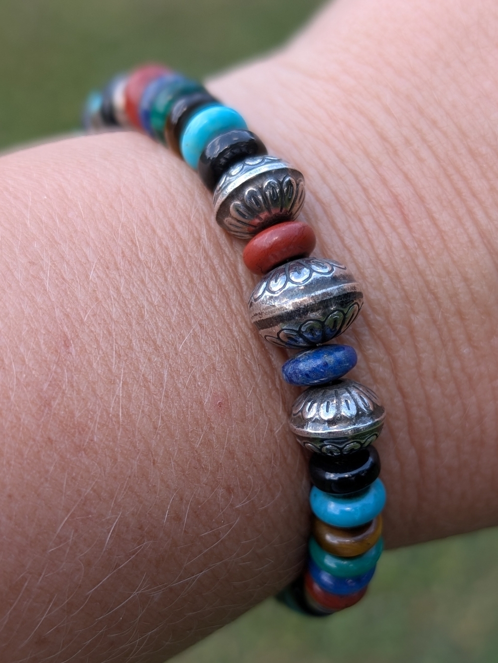 Multi-Color Beaded Gemstone Bracelet with Decorative Sterling Silver Accents